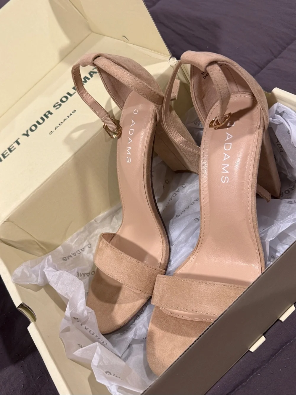 J. Adams Shirley Nude Suede Ankle-Tie Heels
